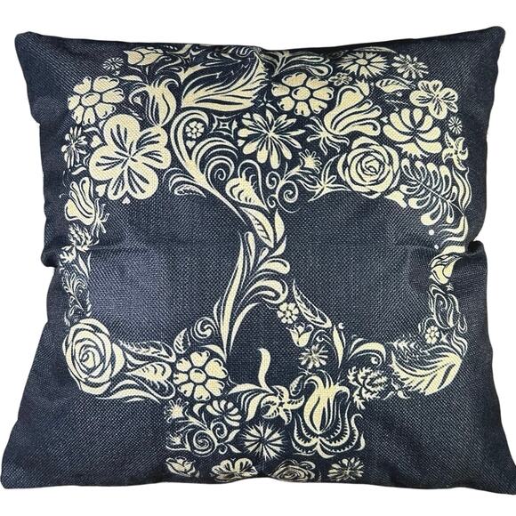 Day of the Dead Sugar Skull Black Beige Floral Pillow Cover - Picture 1 of 5